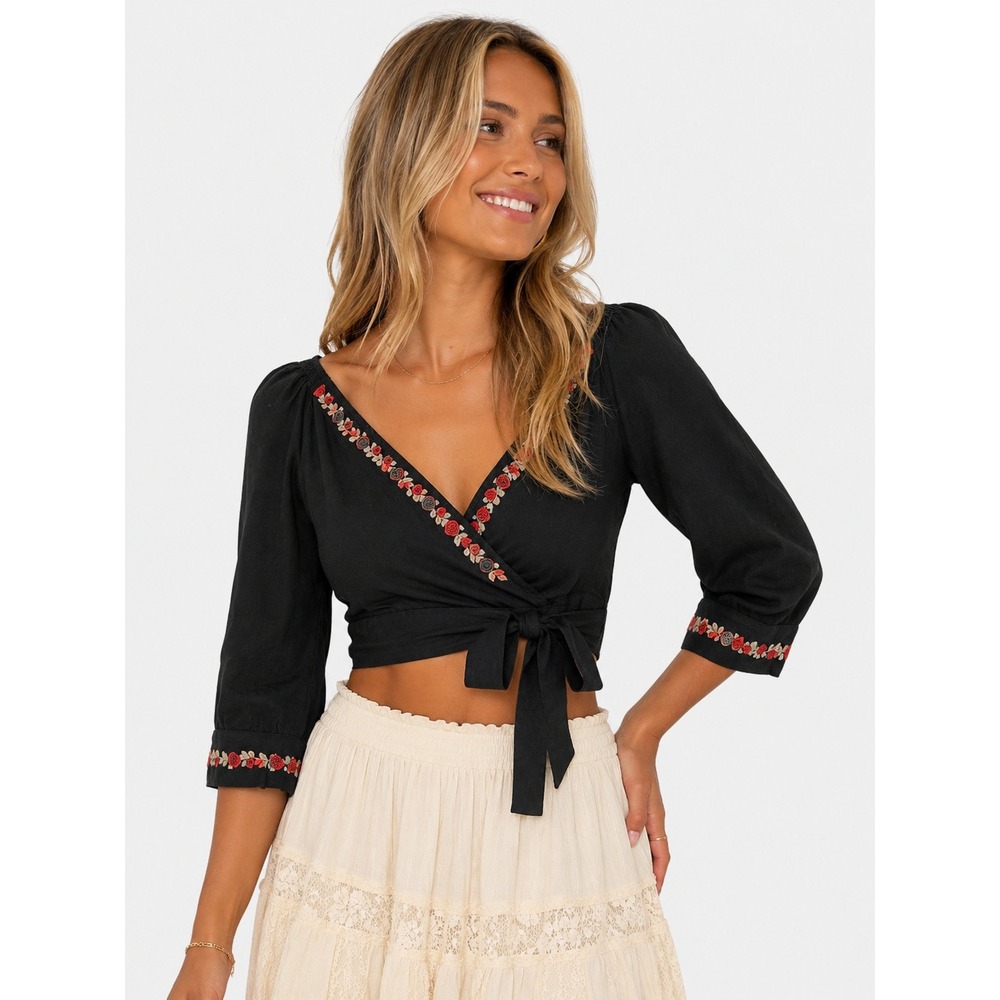 NWT Herencia Collection Black Embroidered Cotton Linen Wrap Crop Top L NEW